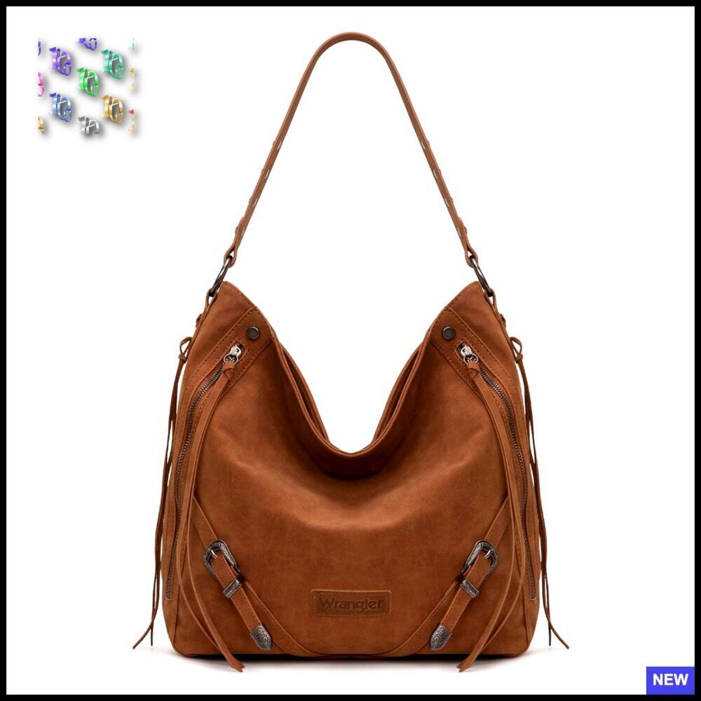 Large Faux Suede Hobo Bag with Fringe and Buckle Details Boho Chic Shoulder